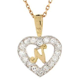 10k Gold Letter 'N' CZ Initial Heart Charm Pendant Jewelry