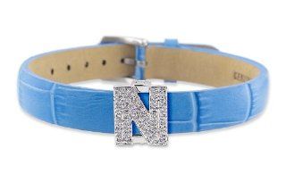 Diamond Clip On Initial letter "N" with Blue Leather Bracelet Cuff Bracelets Jewelry
