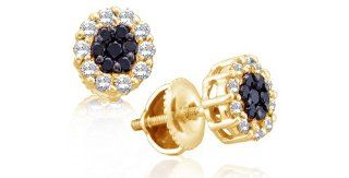 14K Yellow Gold Round Brilliant Cut Black and White Diamond   Flower Shape Invisible & Channel Set Studs Earrings with Secure Screw Back Closure   (1.48 cttw.): Jewelry