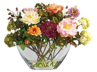 Nearly Natural 4668 Peony with Glass Vase Silk Flower Arrangement, Mixed   Artificial Mixed Flower Arrangements