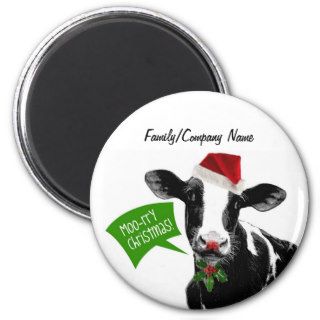 Moo rry Christmas! Funny Holiday Cow in Santa Hat Fridge Magnets