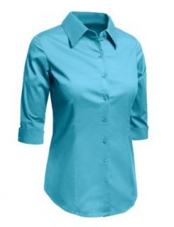 LE3NO Womens Plus Size Roll Up 3/4 Sleeve Button Down Shirt with Stretch at  Womens Clothing store: