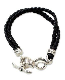 Men's sterling silver and leather braided bracelet, 'Cobra': Jewelry