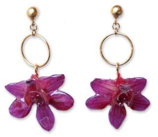 Natural orchid flower earrings, 'Spring Celebration'   Thai Natural Flower Dangle Earrings Jewelry