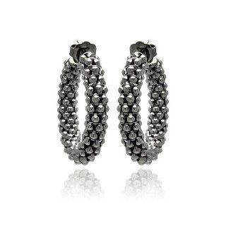 .925 Sterling Silver Black Rhodium Plated High Polish 30mm Medium Beaded Design Italian Semi Hoop Earrings: Jewelry