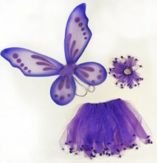 3 Piece Girls Pixie Fairy Costume Wing, Tutu, Hair Tie (Pony O) Set. Select Color Purple Clothing
