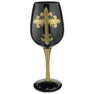 Bottom's Up 15 Ounce Cross Gold Handpainted Wine Glass: Kitchen & Dining