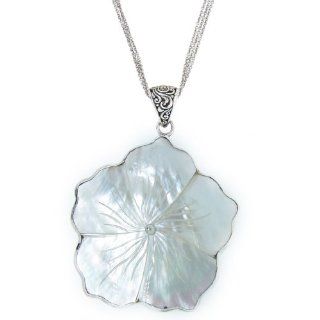 Sterling Silver Bali Mother Of Pearl Large Flower Pendant Necklace , 18": Jewelry