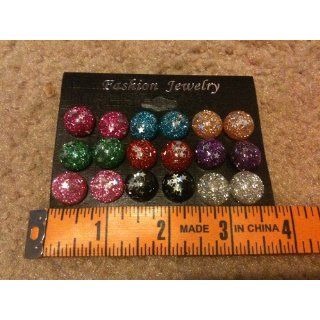 Set Of 18 Stud Earrings, Cast with Glitter And Stars On Metal Posts In Multi: Jewelry