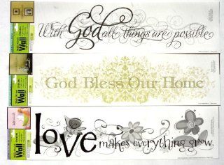 Wall Sticker Art Applique Set of 3 God Bless Our Home, With God All Things Are Possible & Love Makes Everything Grow   Wall Decor Stickers