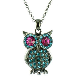 Blue and Pink on Antique Silver Long Owl Necklace: Pendant Necklaces: Jewelry