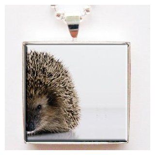 Darling Hedgehog Glass Tile Pendant Necklace with Chain: Jewelry