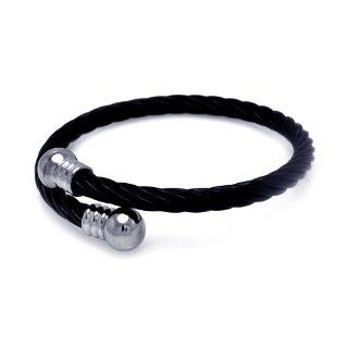 5.3mm Black Enamel Coated Stainless Steel Cable Ion Bangle Bracelet with Round Ball End   One Size: The World Jewelry Center: Jewelry