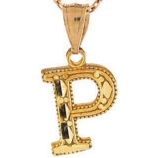 14k Real Yellow Gold 1.29cm Diamond Cut Letter P Cute Charm Pendant: Jewelry