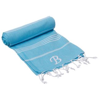 Authentic Pestemal Fouta Original Turquoise Blue and White Stripe Turkish Cotton Bath/ Beach Towel with Monogram Initial Bath Towels
