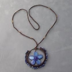 Blue Mother of Pearl and Lapis Floral Moon Cotton Rope Necklace (Thailand) Necklaces