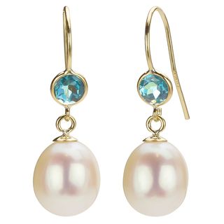 DaVonna 14k Gold White Pearl and Blue Topaz Drop Earrings (7 7.5 mm) DaVonna Pearl Earrings