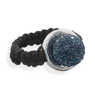 Dark Blue Pave Crystal Ball Ring with Black Macrame Band Sterling Silver: Jewelry