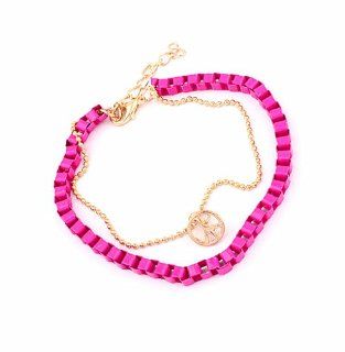 Fashion Peace Sign Enamel Box Chain Bracelet Strand Bracelet (Magenta): Jewelry