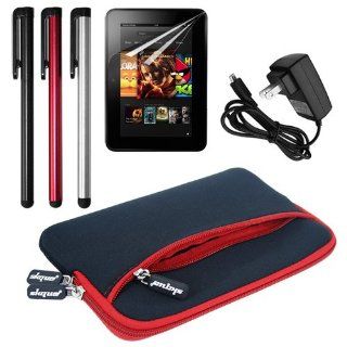 Skque Dual Pocket Sleeve Case(Black with Red Trim) + Clear Crystal Screen Protector Film + Micro USB Home Travel Wall Charger + 3 Packs Touch Screen Stylus Pen for  Kindle Fire HD 7 Inch Tablet: Electronics