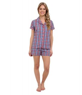BOTTOMS O.U.T GAL Woven Short Sleeve PJ Set w/ Shorts Womens Pajama Sets (Blue)