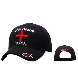 BLACK Christian Baseball Cap, Says Give Blood He Did with Red Cross and Christian Fish Symbol, Religious Headwear, Adjustable to Fit Most Men, Women and Teen Head Sizes: Everything Else