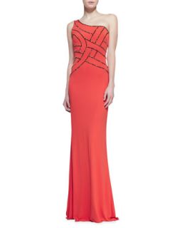 Womens One Shoulder Sequined Bodice Gown   David Meister   Orange (6)