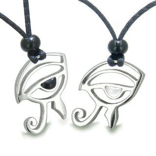 Amulets Love Couple or Best Friends Set Eye of Horus All Seeing Egyptian Powers Man Made Black Onyx and White Cat's Eye Pendant Necklaces: Jewelry