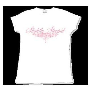 Slightly Stoopid   Girls T Shirt   Pink Cursive Logo on White Shirt with Skunk Records Logo on Upper Back, Size Small: Clothing