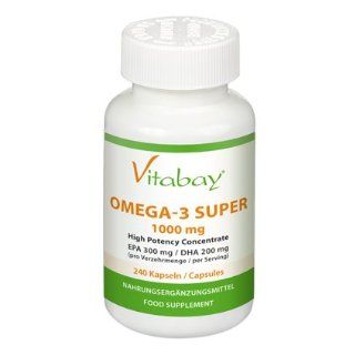 Omega 3 Super 1000 mg (inkl. Fettsuren EPA 300 mg DHA 200 mg)   240 Kapseln   fr mehr Vitalitt   wirkt positiv auf die Hirnfunktionen   reguliert den Fettstoffwechsel: Drogerie & Körperpflege