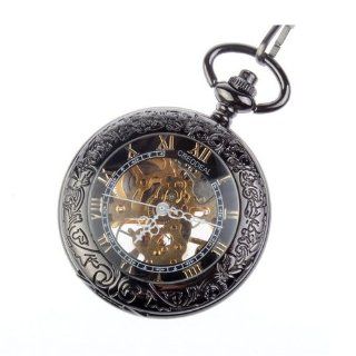 Taschenuhr Steampunk Pocket Watch Pendant Roman Number Half Hunter   Antiqued Silver Black PW039: Uhren