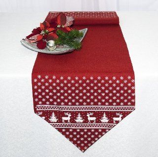 Exklusive Serie "Nordic Winter" Tischlufer 40x150   in rot mit dekorativen Rentieren, Tannenbumen und vielen vielen Sternen   Advent Weihnachten Winter   im gleichen Design sind auch Tischdecken, Kissen, Topflappen, Handschuhe und Schrzen erh