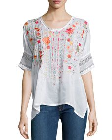 Johnny Was Armineh Short Sleeve Embroidered Georgette Blouse, Womens