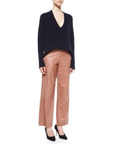 Helmut Lang Ribbed V Neck Merino/Cashmere Sweater & Cropped Wide Leg Leather Pants