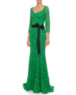 Dolce & Gabbana Fringed Floral Lace Godet Gown, Green