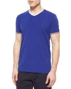 Moncler Short Sleeve Tipped V Neck Shirt, Blue