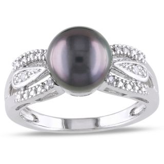 Pearlz Ocean Silver Black Tahitian Pearl and White Topaz Ring (9 10 mm