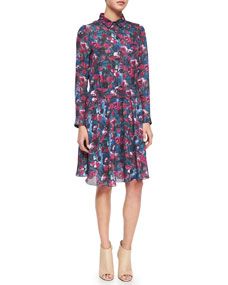 Haute Hippie Long Sleeve Floral Printed Henley Shirtdress