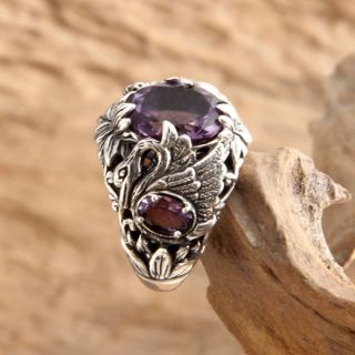 Handcrafted Sterling Silver Dancing Swan Amethyst Ring (Indonesia)