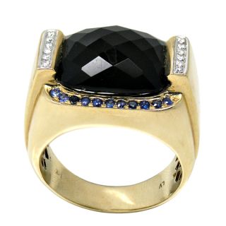 De Buman 14k Yellow Gold Mens Agate Sapphire and Diamond Accent Ring