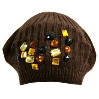 Luxury Divas Brown Knit Beret Hat With Large Rhinestone Design