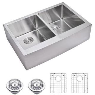 Water Creation Farmhouse Apron Front Small Radius Stainless Steel 33 in. Double Bowl Kitchen Sink with Strainer and Grid in Satin SSSG AD 3322C