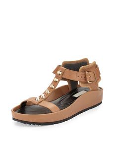 Balenciaga Studded Leather T Strap Sandal, Camel
