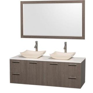 Wyndham Collection Amare 60 in. Double Vanity in Grey Oak with Man Made Stone Vanity Top in White and Marble Sink WCR410060GOWHGS2M1DB