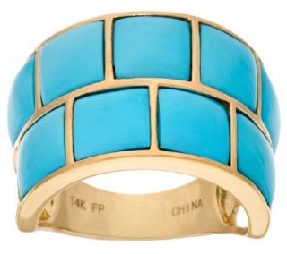 Sleeping Beauty Turquoise Carved Wide Band Ring 14K Gold —