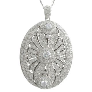 Sterling Silver Cubic Zirconia Scalloped Statement Oval Locket Pendant