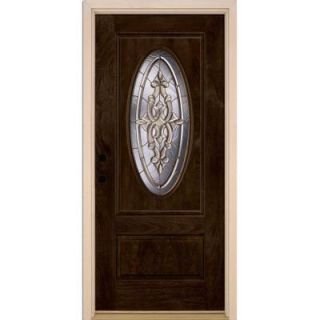 Feather River Doors 37.5 in. x 81.625 in. Silverdale Brass 3/4 Oval Lite Stained Chestnut Mahogany Fiberglass Prehung Front Door 711791