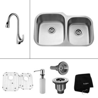KRAUS All in One Undermount Stainless Steel 32.6 in. Double Bowl Kitchen Sink with Chrome Kitchen Faucet KBU24 KPF1621 KSD30CH
