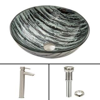 Vigo Glass Vessel Sink in Rising Moon and Shadow Faucet Set in Brushed Nickel VGT589