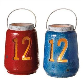 Set of 2 Large Distressed #12 Red and Blue Ceramic Pillar Candle Holder Lanterns